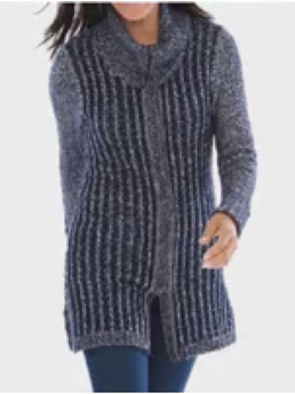 Women’s Chico’s Textured Tina Cardigan Sweater Snap Front Chains Blue Sz 3